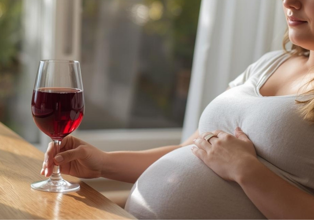 Frau trinkt bei alkoholfreier Wein in Schwangerschaft
